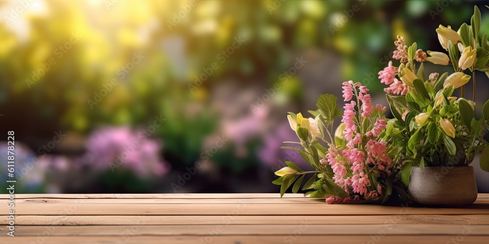 Abstract beautiful garden table setting with nature's delights and flowers. Background for summer