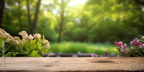 Fototapeta Naklejka Na Ścianę i Meble -  Abstract beautiful garden table setting with nature's delights and flowers. Background for summer