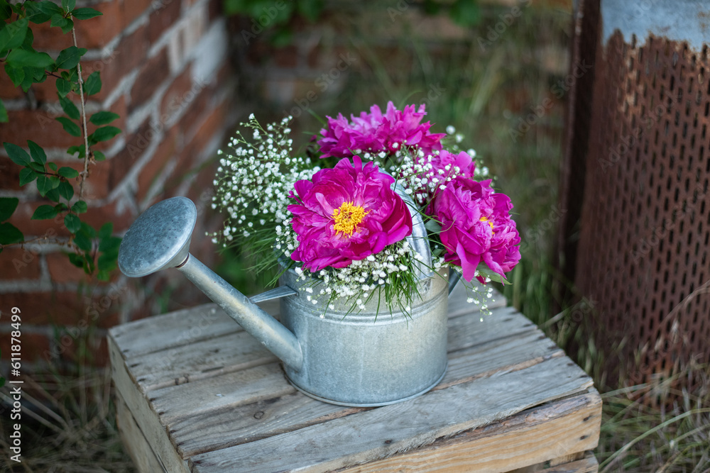 Blumenstrauß mit pinken Pfingstrosen und Schleierkraut, frische Blumen dekoriert in einer alten Vintage Gießkanne aus Metall, Landhaus Dekoration, Bauerngarten Blumenstrauß mit pinken Pfingstrosen und Schleierkraut, frische Blumen dekoriert in einer alten Vintage Gießkanne aus Metall, Landhaus Dekoration, Bauerngarten