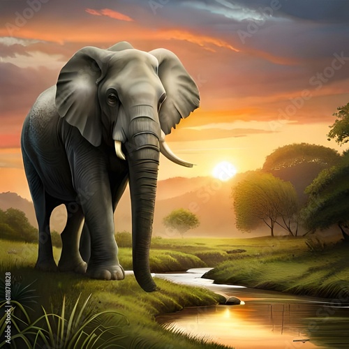 elephant walking in forest near to lake with sun shine  Generative ai 