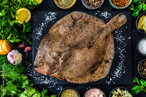 Big raw turbot with fresh vegetables on black stone board