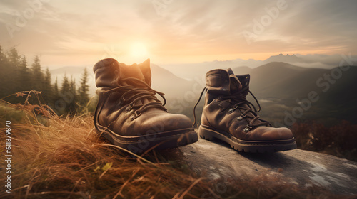 hiking boots on mountain landscape with backlight sunrise