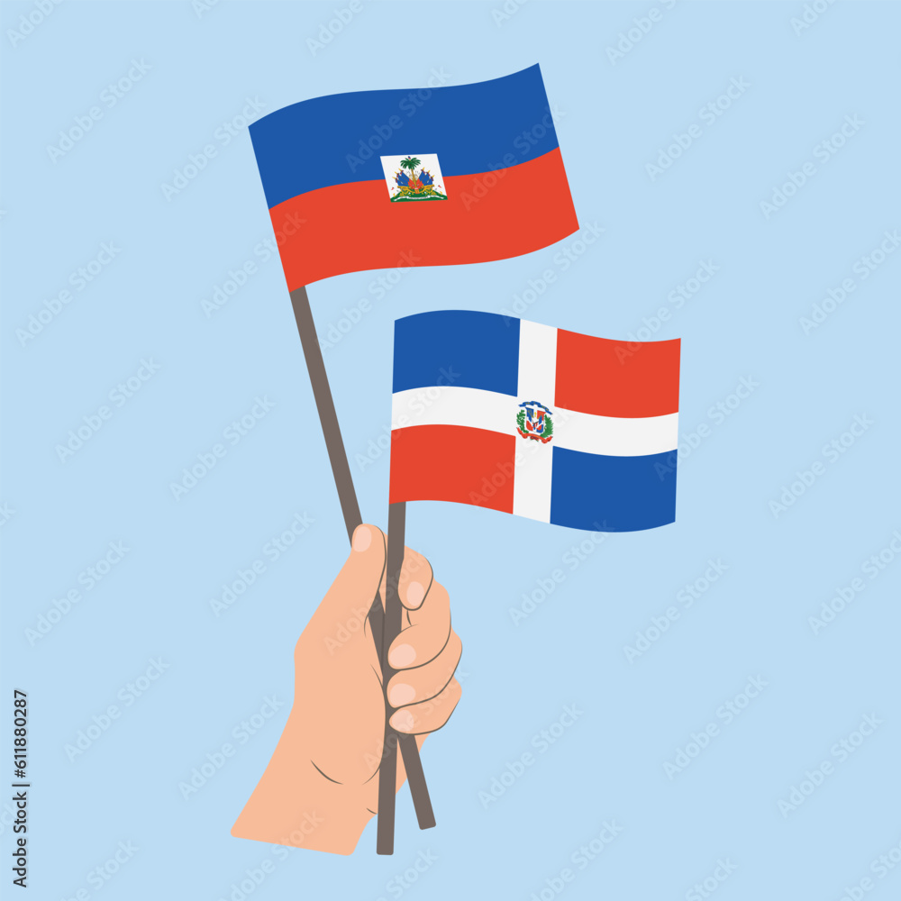 Flags of Haiti and the Dominican Republic, Hand Holding flags Flags of Haiti and the Dominican Republic, Hand Holding flags