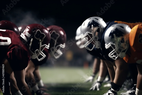 unrecognizable American Football Championship, Teams Ready: Professional Players Aggressive Face-off Ready for Pushing Tackling, Competition Full of Brutal Energy Power, Stadium Shot  © alisaaa