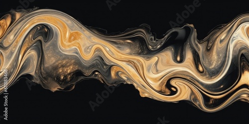 Fluid black and gold flowing paint on a black background. Generative AI.