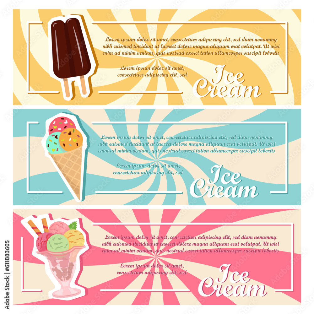 Summer. Ice cream, banana, watermelon, beach shorts and the sea. Set of vector illustrations. Abstract vector background. Card posters, cover art, flyer, banner