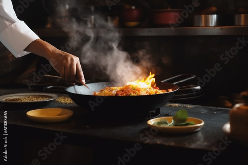 unrecognizable chef Preparing Indian food by Flame in frying pan in a resturant