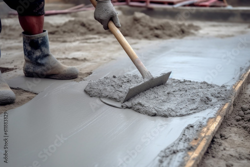 unrecognizable Construction worker uses trowel to level cement mortar screed, Concrete works on construction site, Cast-in-place work using trowel