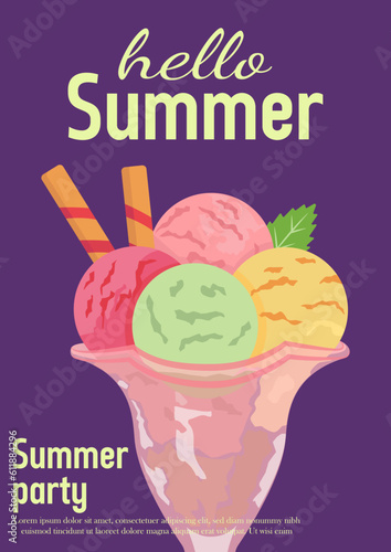 Summer colorful Ice cream shop poster  card  logo label  emblem in cartoon style for your design sunburst background. Vector illustration