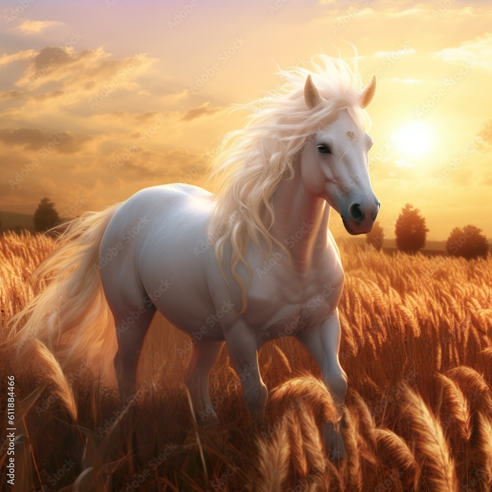 Golden Reverie: The Albino White Horse in the Sunset Plains 1, generated by generative AI
