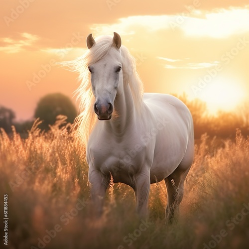 Golden Reverie: The Albino White Horse in the Sunset Plains 6, generated by generative AI