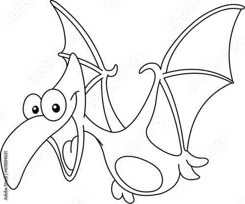 Outlined pterodactyl dinosaur flying, Vector line art illustration coloring page.