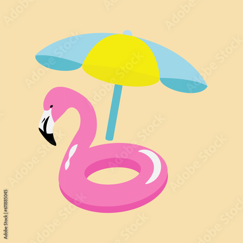 Cartoon summer elements, travel, beach, summertime accessory. Exotic fruits vector illustration. Palm and serfing board. Umbrella