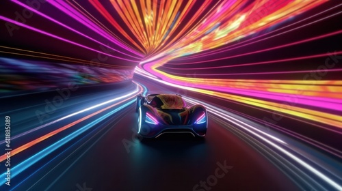 Speeding Sports Car On Neon Highway. Powerful acceleration of a supercar on a night track with colorful lights and trails. 3d illustration Generative AI.