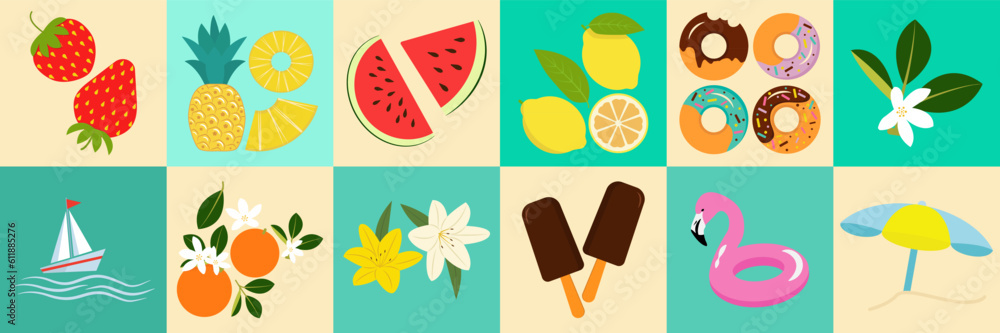 Summer and beach item, fruit or ice cream set with cute illustrations vector icon