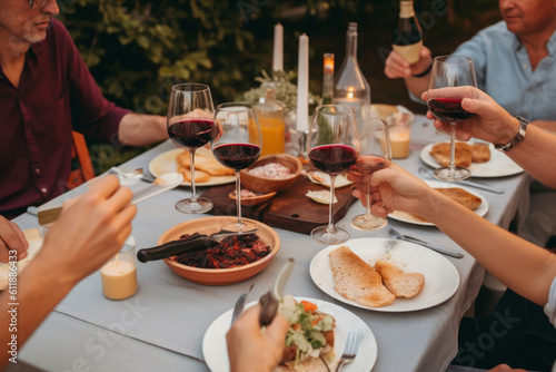 unrecognizable Happy family dining and tasting red wine glasses in barbecue dinner party