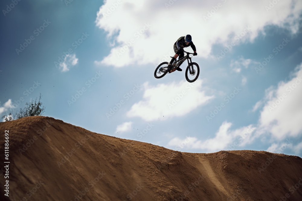 unrecognizable male mountain bike rider does a back flip off a jump