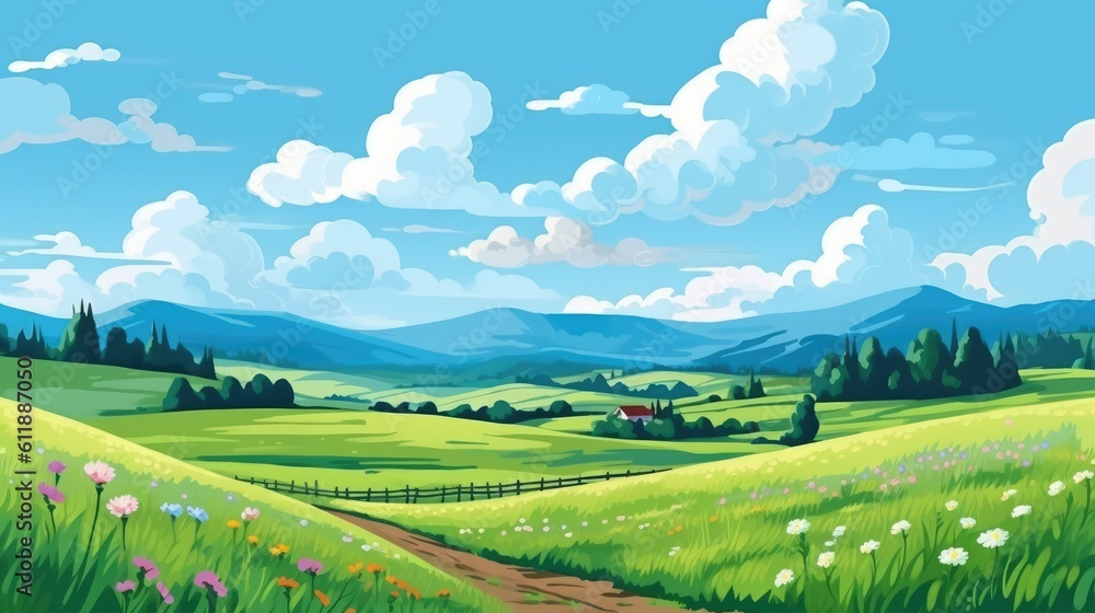 Rolling Summer Hills, Green Pastures, Blue Sky with Fluffy Clouds, Abstract Cartoon Art, Digital Illustration, Generative AI