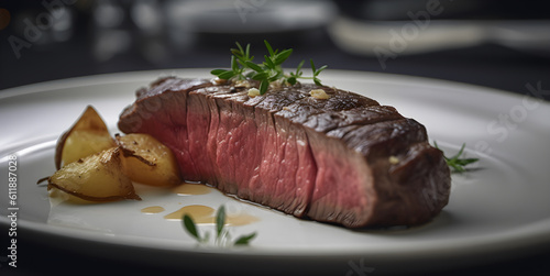 Beef stake in the restaurant, on dark background, AI generated