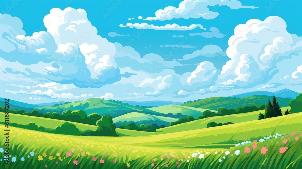 Rolling Summer Hills, Green Pastures, Blue Sky with Fluffy Clouds, Abstract Cartoon Art, Digital Illustration, Generative AI