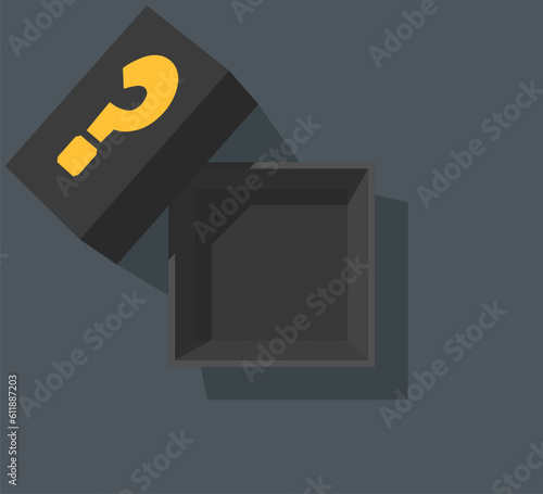Top view Open Black mystery gift box and question icon on dark blue background. Random reward present secret loot box concept. Vector illustration cartoon flat design.