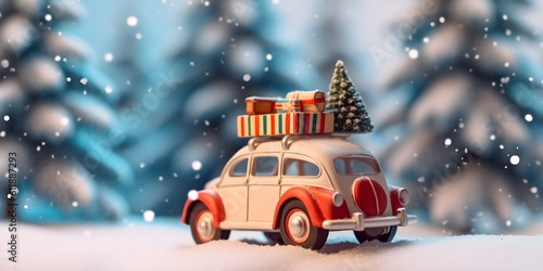 Miniature car with christmas tree on the roof, christmas snow background, ai generated