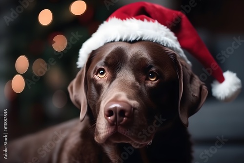 Cute labrador dog in red Santa christmas hat, ai generated