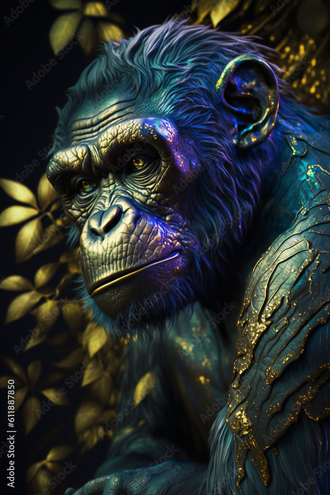 Monkey head in metallic glow style. Generative ai