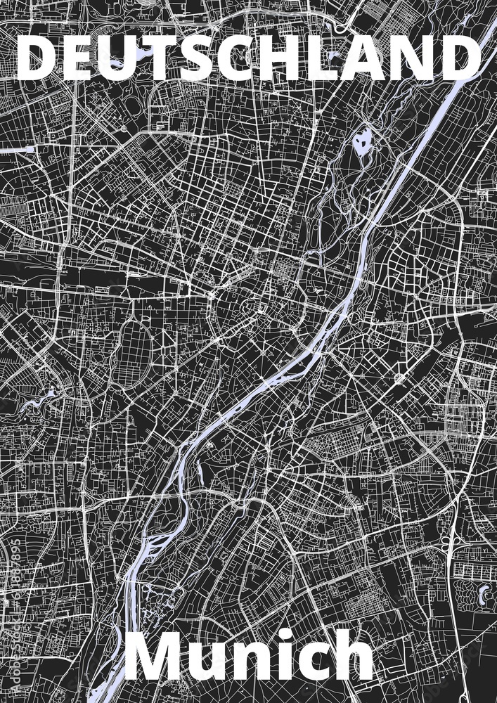 City Munich map with streets rivers and lakes germany