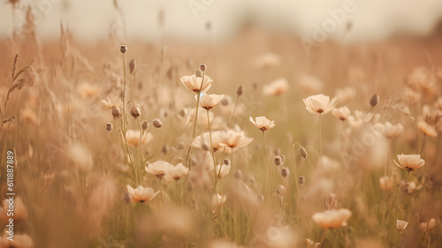 Beige wild flower field background, copy space, AI generated