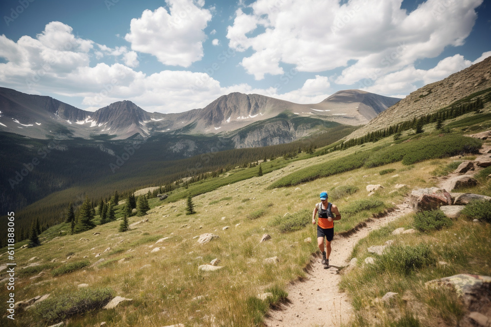 unrecognizable man competes in a long distance trail running race in the Rocky Mountains