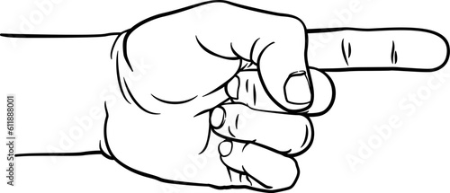 A hand pointing a finger in a direction sign. In a vintage antique engraving woodblock or woodcut style.