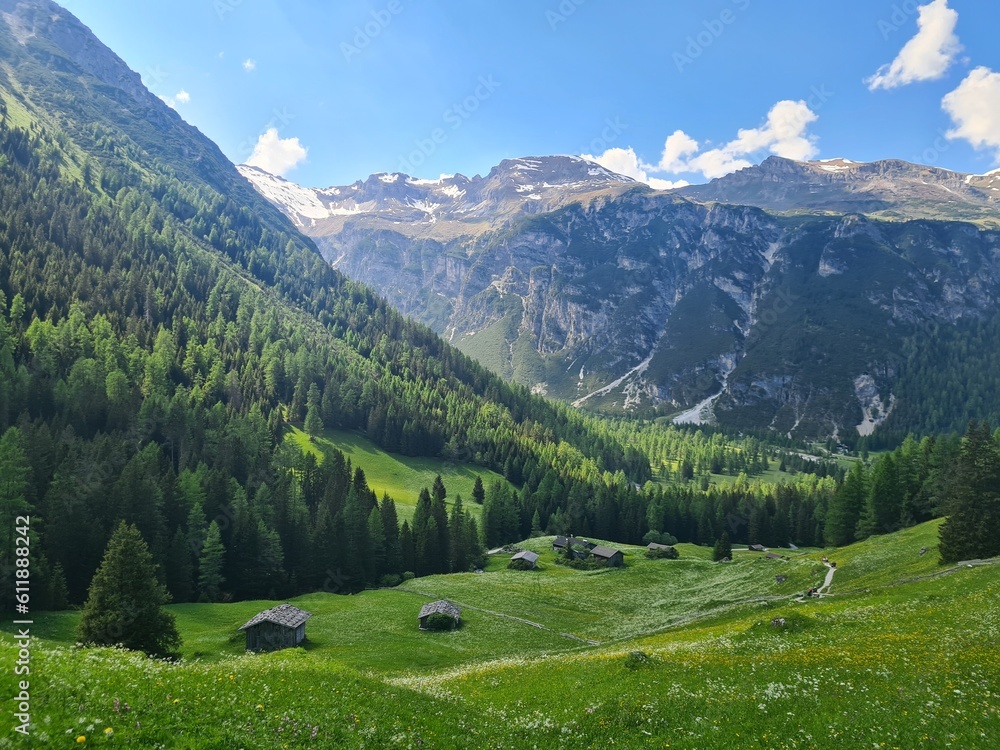Old wooden huts in the mountains. Mountain cabins. Obernberger Lake, Tyrol, Alps, Austria