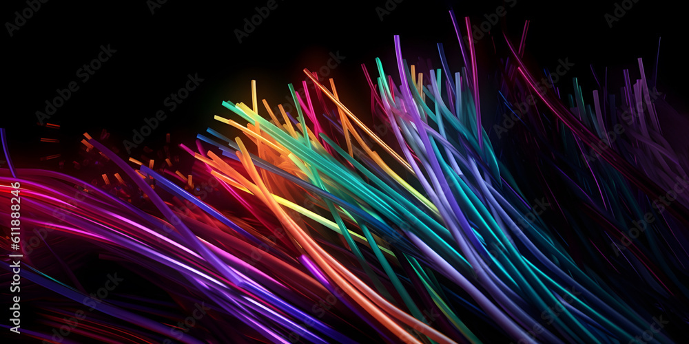 Fototapeta premium Coloured electric cables and led, optical fiber, intense colours, background for technology image and new business trends on dark background. AI generated