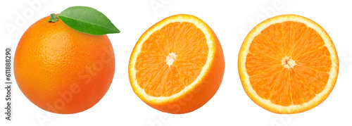 orange fruit with leaves, slices, and half isolated, Orange fruit macro studio photo, transparent png, PNG format, cut out