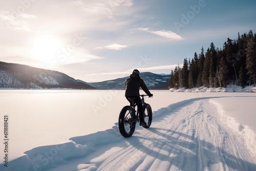 unrecognizable man enjoys a winter fatbike ride along a trail on the edge of a frozen lake in the Rocky Mountains photo