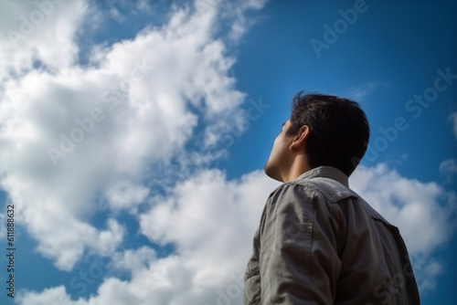 unrecognizable Man feeling free looking up to the sky photo