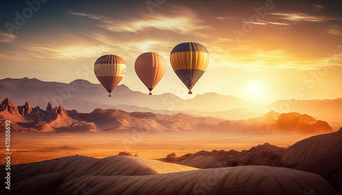 Beautiful Generative AI illustration of hot air balloons flying over an epic wild mountain landscape during sunrise golden hour