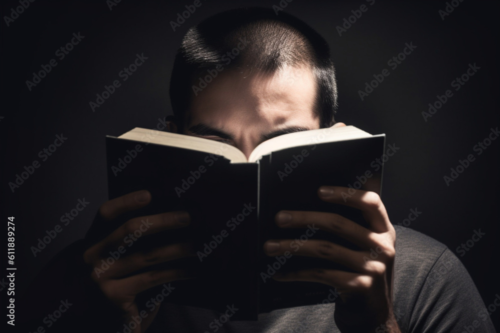 unrecognizable man reading a book raising an eyebrow unrecognizable man reading a book raising an eyebrow