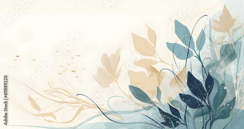 Abstract floral art background . Botanical watercolour hand painted gentle blue and gold flowers and leaf branch with line art. AI generated