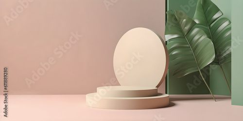 3D display podium. Pastel beige and green minimalistic background with pedestal stand , for product display. AI generated.