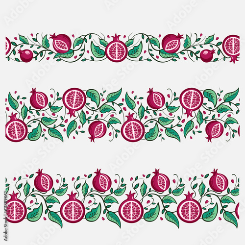 Three vector folk pomegranates horizontal seamless pattern EPS 10