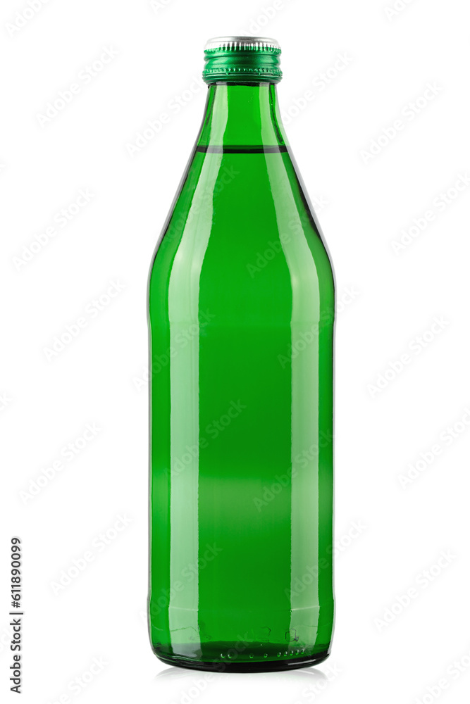 Green glass bottle of mineral water isolated on white background. Green glass bottle of mineral water isolated on white background.