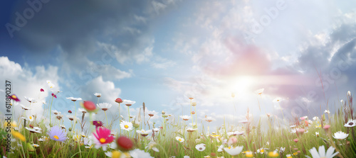 The fields of daisies are surrounded by blue sky and clouds in summer day, AI generated Generative AI
