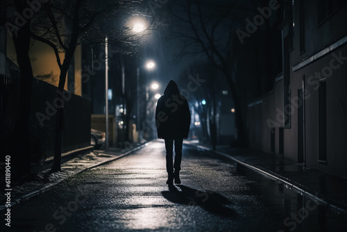 unrecognizable Single Person Walking on Street in the Dark Night