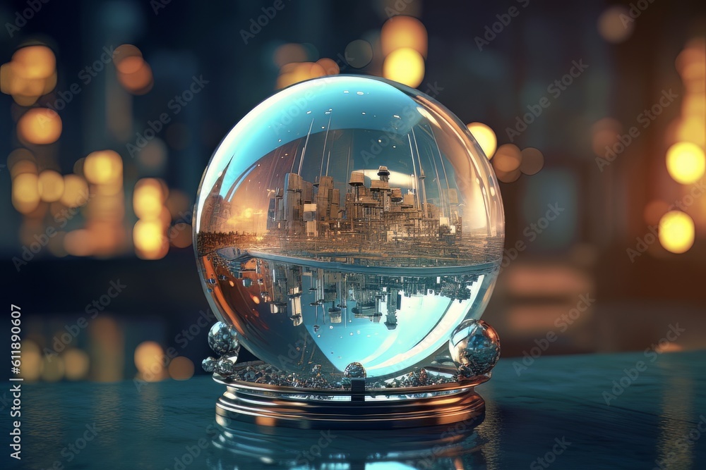 Snow globe with futuristic city architecture inside at the table made with generative Ai Snow globe with futuristic city architecture inside at the table made with generative Ai