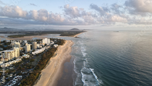 Drone photo of the Alexandra Headland beach on the Sunshine Coast  Australia. Looking north on a warm summer morning.