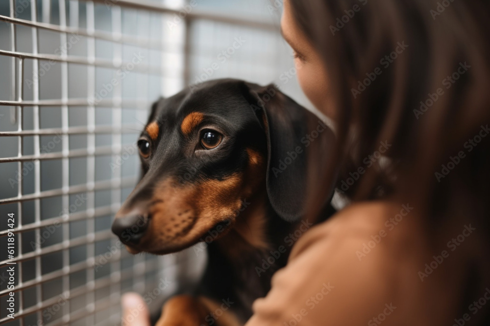 unrecognizable Volunteer Woman carrying and hugging Dachshund dog in animal shelter