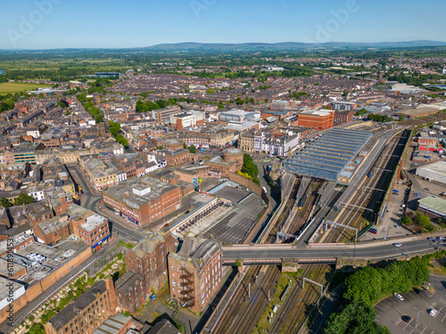Fotografi Aerial drone photo of the train station in Carlisle, a town in Cumbria England