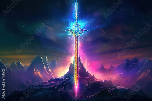 glowing magical sword in a fantasy landscape, Generative AI